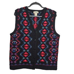 Vintage L.L. Bean Women's Southwestern Wool Sweater Vest Size Medium Button Up